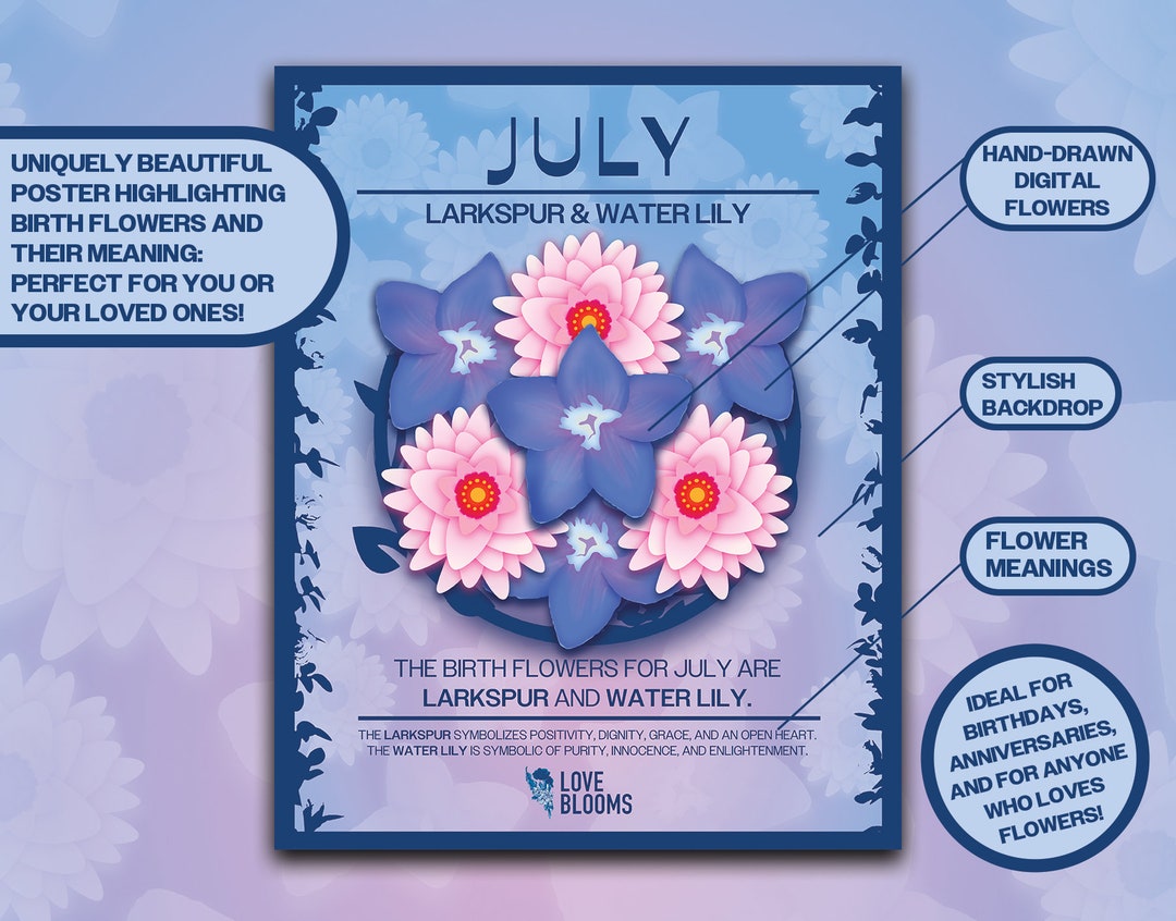 July Birth Flower Digital Print Larkspur & Water Lily - Etsy