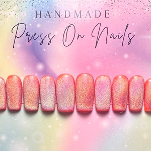 Luxury tangerine Rainbow Cat Eye Design, Press on nails / fake nails / glue on nails / gel nails / acrylic nails / nails / gifts