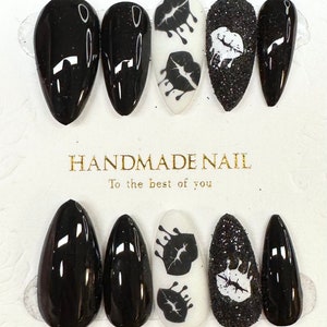Luxury Black & White Drip Lip Design, Press on nails / fake nails / false nails / glue on nails / gel nails / acrylic nails  / nails