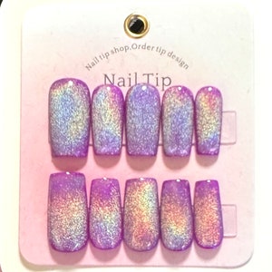 Luxury  Neon Purple Rainbow Cat Eye Design, Press on nails / fake nails / glue on nails / gel nails / acrylic nails / nails / gifts