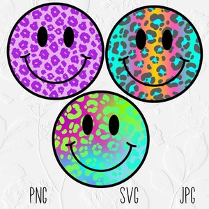 Neon Smiley Face PNG SVG Bundle, Leopard Print Neon Smiley Face Png, Preppy Leopard Png, Neon Leopard Png