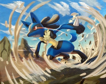 Riolu, Lucario - Laminated photo print of an original painted Pokemon card