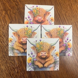 Set Of 4 Ceramic Highland Cow Coasters