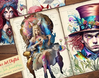 Alice in Wonderland Junk Journal Pages, Alice, Junk Journal Kit, Vintage, Printable, Wall Art, Paper, Ephemera, Digital Download