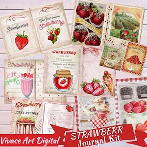Kit de journal indésirable aux fraises, rouge, fraises, livre de recettes, fruits, été, cuisine de grand-mère, téléchargement numérique, imprimable, éphémère