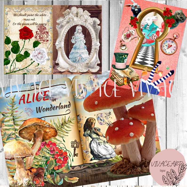 Alice In Wonderland, Journal Page, Junk Journal, Ephemera, Collage Sheet, Digital Download, Vintage, Shabby,Printable Paper image 2