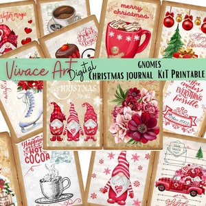 Junk Journal, Gnomes, Christmas, Kit, December, Red, Green, Gift, Daily, Advent, Gnome, Envelope, Papers, Printable, Digital Download