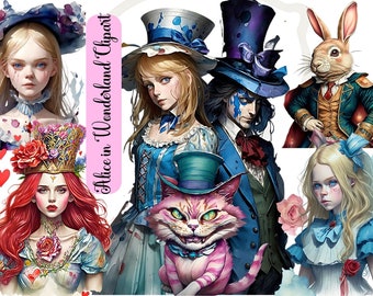 Może przedstawiać: Cyfrowa ilustracja postaci z Alicji w Krainie Czarów. Postacie to Alicja, Szalony Kapelusznik, Królowa Kier, Kot z Cheshire i Biały Królik. Ilustracja jest w fantazyjnym stylu z jasnymi kolorami i skomplikowanymi detalami.