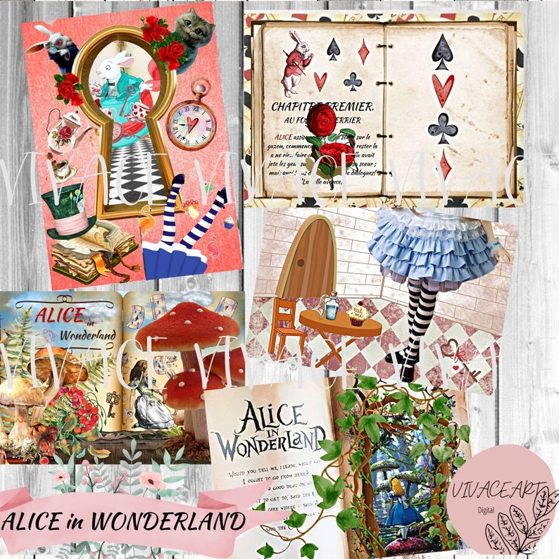 Alice In Wonderland, Journal Page, Junk Journal, Ephemera, Collage Sheet, Digital Download, Vintage, Shabby,Printable Paper image 1