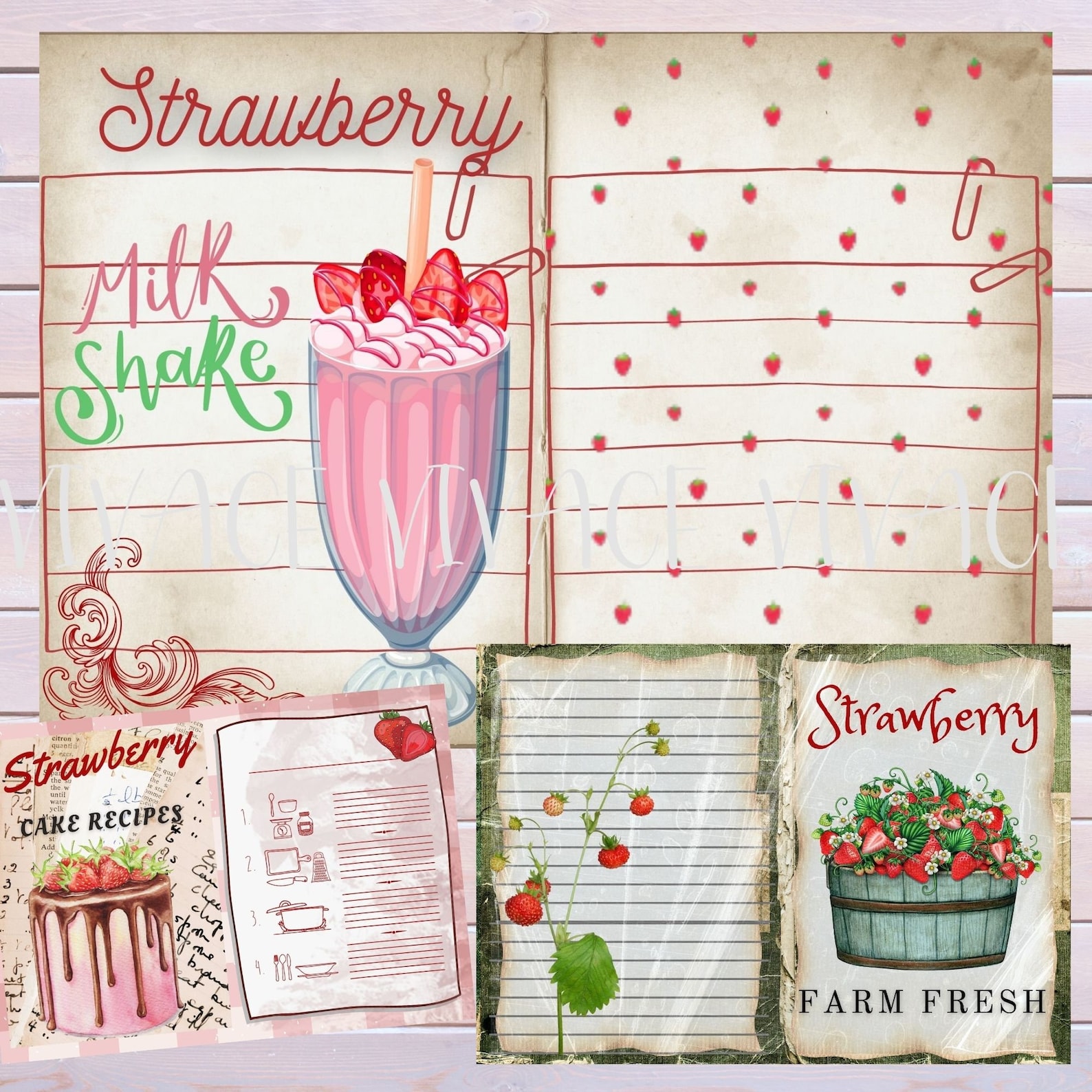 Strawberry Junk Journal Kit Red Strawberries Recipe Book Etsy