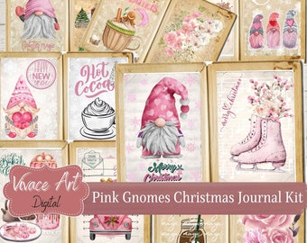 Junk Journal, Pink Gnomes, Christmas, Kit, December, Green, Gift, Daily, Gnome, Envelope, Papers, Printable, Digital Download