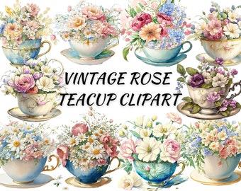 Watercolor Vintage Rose Tea Cup, Tea Time PNG Digital Image, Downloads for Card Making, Scrapbook, Junk Diary, Paper Craft, Clipart