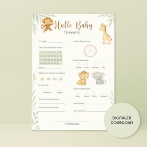 Cartão de dicas para bebês, jogo de chá de bebê para preencher, design de safári, download digital, PDF A5 e A4, neutro em termos de gênero