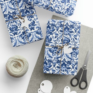 Damask Gift Wrapping Papers Blue Damask Wrapping Paper Gift Wrap Holiday Gift Wrap Christmas Wrapping Paper Birthday Gift Wrap Vintage Paper