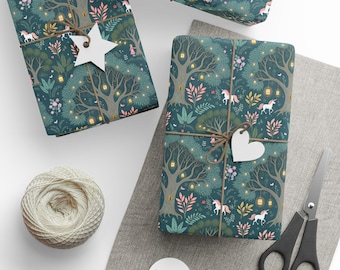 Unicorn Wrapping Papers, Enchanted Fairy Tale Forest Gift Wrap, Magical Fantasy Christmas Packaging, Birthday Present Decor, Holiday