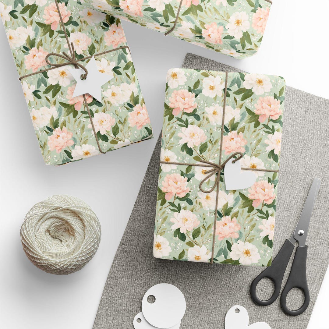 Blush White Floral Wrapping Paper | Green Botanical Gift Wrap - Etsy