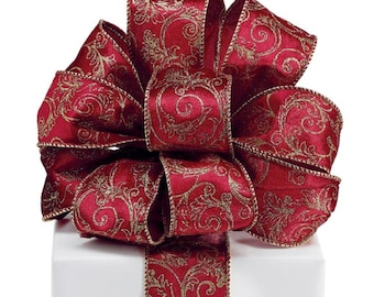 Dark Red Velvet Ribbon with Gold Glitter Filigree - 2.5&quot; Wide x 20 Yards #40 Bow Ribbon