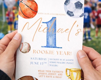 Watercolor Sports 1st Birthday Invitation, Rookie of the Year (Digital Printable, Canva Template)