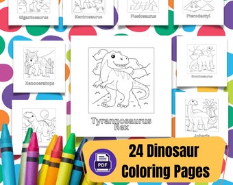 May include: A set of 24 black and white dinosaur coloring pages featuring different dinosaurs, including Tyrannosaurus Rex, Brontosaurus, and Pterodactyl. The pages are designed for children to color and learn about dinosaurs.