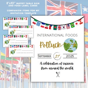 Plantilla de letrero para mesa de bufé con comida compartida internacional, tarjetas de etiquetas para alimentos, comida compartida multicultural, invitación complementaria a comidas internacionales