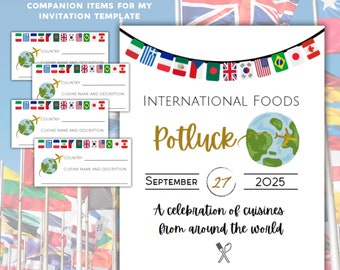 International Food Potluck Buffet Table Sign Template, Food Label Cards, Multicultural Food Potluck, Companion to International Foods Invite