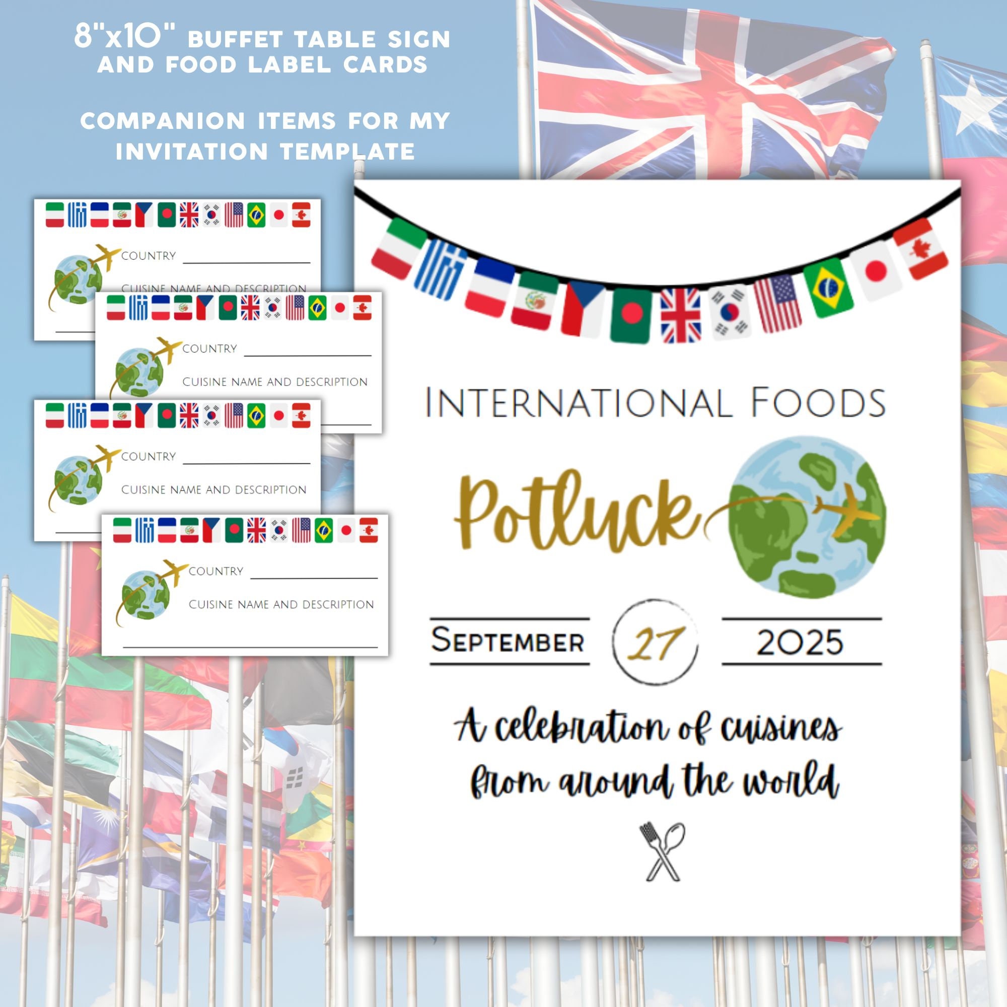 International Food Potluck Buffet Table Sign Template, Food Label Cards, Multicultural Food ...