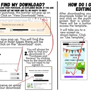 May include: A graphic with red arrows pointing to different sections of a computer screen showing how to find a digital download on Etsy. The text on the graphic says "How do I find my download?" and "How do I get to the editing page?"