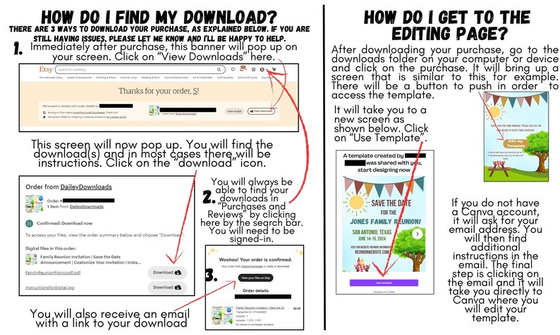 May include: A graphic with red arrows pointing to different sections of a computer screen showing how to find a digital download on Etsy. The text on the graphic says "How do I find my download?" and "How do I get to the editing page?"