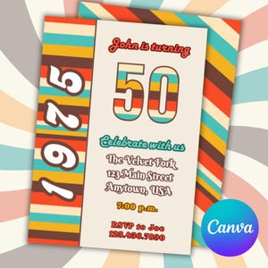 Born in 1975 Birthday Invitation, 50 Years Old, Turning Fifty, Retro Groovy Invite, 50th Birthday Party Invitation Template, Over the Hill