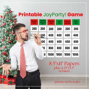 Puede incluir: Un juego imprimible de temática navideña, "Printable JoyParty! Game", con categorías como Películas de Navidad y Santa Claus. El juego incluye valores de puntos y está diseñado para tamaños de papel A4 (aprox. 21x29,7 cm) y una versión más pequeña.