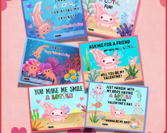 Axolotl Valentines, Cute Printable Axolotl Valentine Cards for School, Kid's Valentines for Class, Instant Download