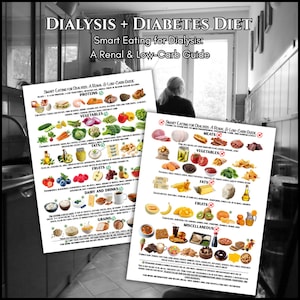 May include: Two informational posters titled "Dialysis + Diabetes Diet" and "Smart Eating for Dialysis: A Renal & Low-Carb Guide." The posters display food categories like proteins, vegetables, fats, fruits, dairy, grains, and miscellaneous items, with detailed food examples.