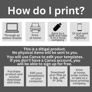 May include: A graphic explaining how to print a digital product. The graphic shows four options: purchase through an online retailer, print at home, save to a USB and take it to a local company, or send it out digitally. The graphic also explains that the product is digital and no physical items will be sent. It also explains that you will use Canva to edit the templates and that you can sign up for free if you don't have an account.