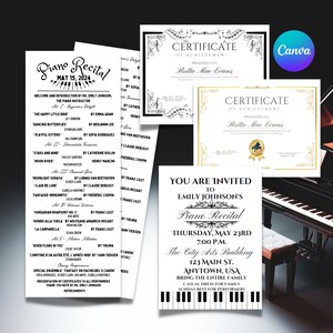 Piano Recital Program Template Bundle | Music Recital Certificate of Achievement | Piano Recital Invite Invitation | Print at  Home | Edit