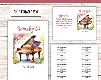 Modèle de programme de récital de piano de printemps | Récital de musique de printemps | Programme de récital de piano | Impression à domicile | Accès instantané | Facile à modifier