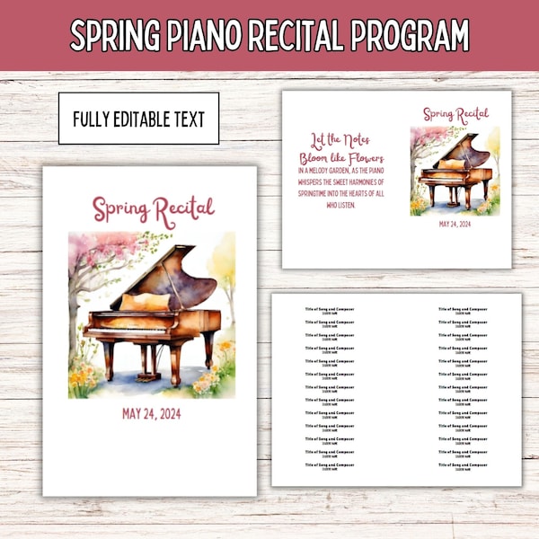Spring Piano Recital Program Template | Spring Music Recital | Piano Recital Program | Print at Home | Instant Access | Easy to Edit