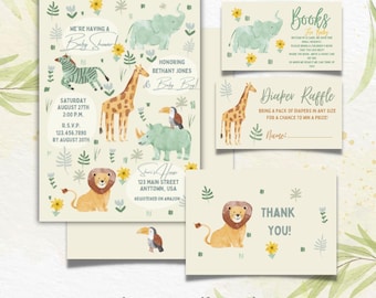 Invitación editable para baby shower con temática de safari, animales de la selva (descarga digital)