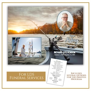 May include: A funeral program for LDS services with a photo of a man fishing on a lake. The program includes the text "Gone Fishing" and the name "Richard Stevenson".