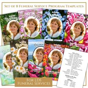 Könnte beinhalten: Satz von acht Vorlagen für Trauerfeierprogramme für LDS-Gottesdienste. Jede Vorlage zeigt ein Blumenmuster mit einem Foto einer Frau in einem Kreis. Der Text "In loving memory" steht oben auf jeder Vorlage.
