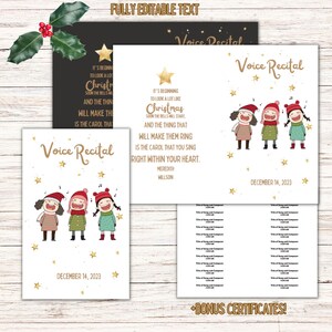 May include: A printable Christmas-themed voice recital announcement with a gold star design and the text "Voice Recital" and "December 14, 2023". The announcement features a cartoon image of three children singing.