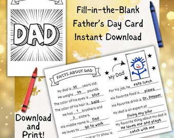 Father's Day Card, Fill in the Blank, From Child, Printable Card for Dad, Father's Day Card for Kids, All About Dad, Handprint Card Dad