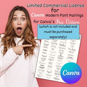 May include: A woman holds up a sheet of paper with a Canva logo and a list of modern font pairings for Canva's free version. The text reads "Limited Commercial License for Canva Modern Font Pairings for Canva's Free Version (which is not included and must be purchased separately)"