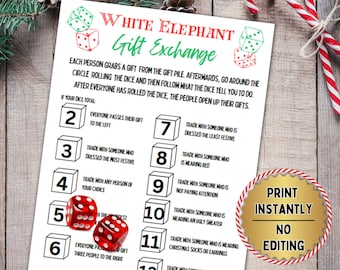 Kerstcadeau uitwisseling dobbelspel, witte olifant, gooi de dobbelstenen, afdrukbaar spel, kerstfeestspel, direct downloaden, Yankee Swap