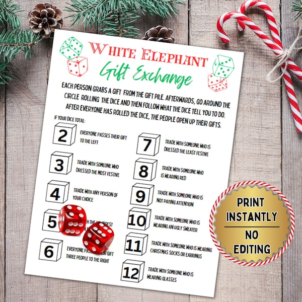 Christmas Gift Exchange Dice Game, White Elephant, Roll the Dice, Printable Game, Christmas Party Game, Instant Download, Yankee Swap