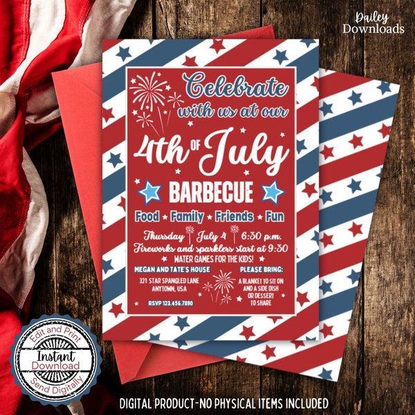 Invito alla festa del 4 luglio, invito alla festa del barbecue patriottico, barbecue del giorno dell'indipendenza, invito alla festa del 4 luglio, invito digitale modificabile all'istante