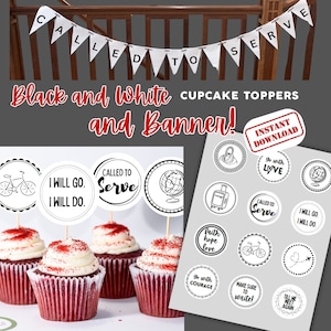 Toppers de cupcake missionário SUD, banner, toppers de bolo preto e branco, decorações de cupcake missionário, festa de despedida da missão, chamado para servir