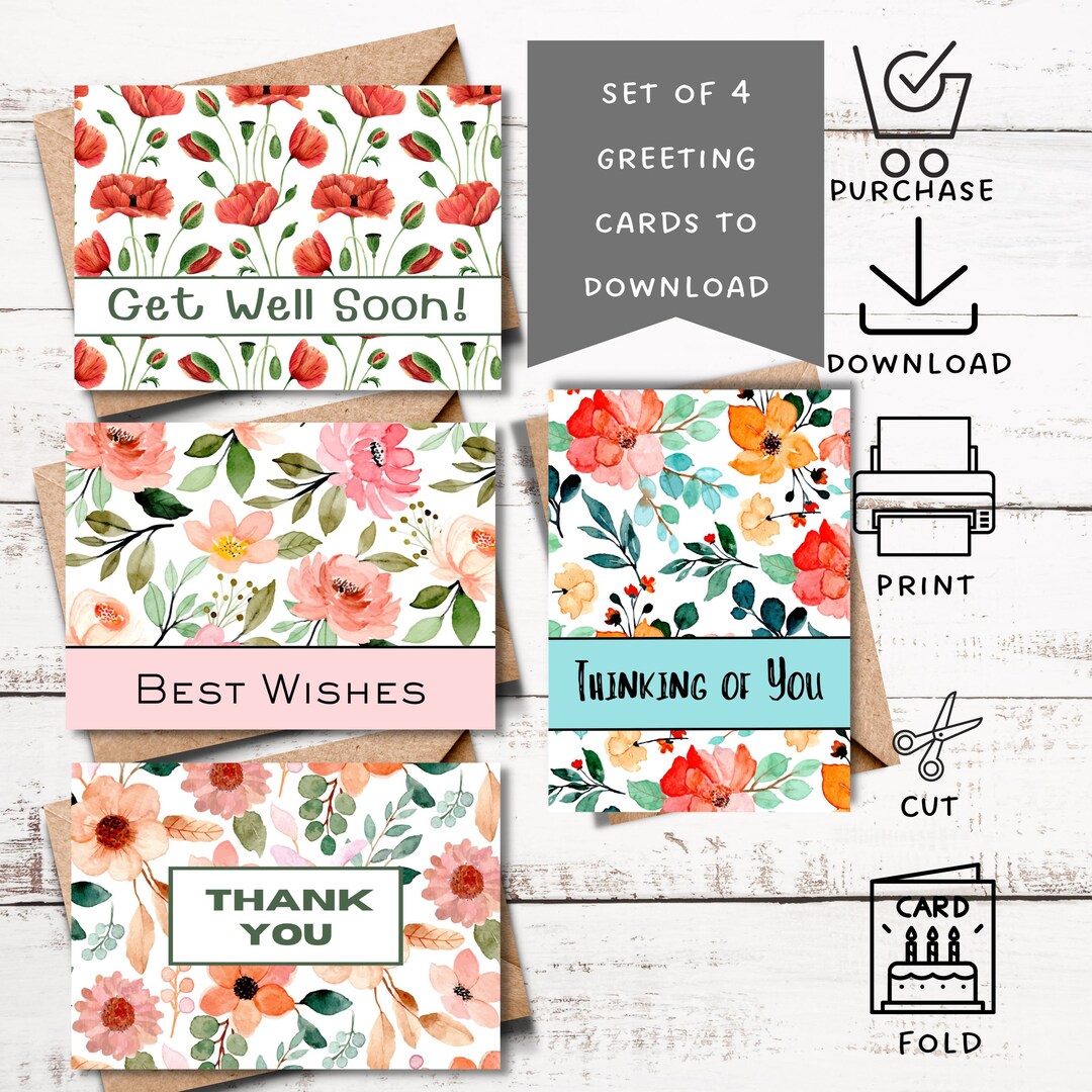 Floral Greeting Card Set, Printable Thank You Card, Get Well Soon Card ...