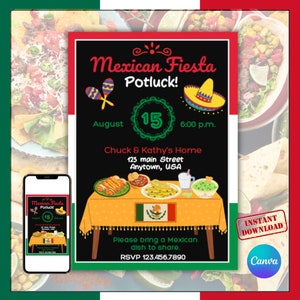 May include: A digital invitation for a Mexican Fiesta Potluck, featuring a black background with colorful graphics. The design includes maracas, a sombrero, and a table with Mexican food. The text reads "Mexican Fiesta Potluck!" and includes event details.