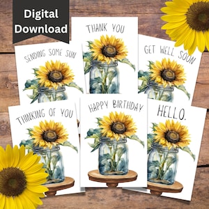 Sunflower Birthday Card, Sunflower Card, Printable Instant Download, Sunflower Thank You Card, Sunflower Get Well Soon, Sunflower Jar 5x7"