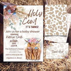 May include: A baby shower invitation with a watercolor illustration of a Highland cow with two calves. The invitation says "Holy Cow! It's Twins!" and includes details about the shower, including the date, time, location, and RSVP information. The invitation also says "Registered on Amazon".